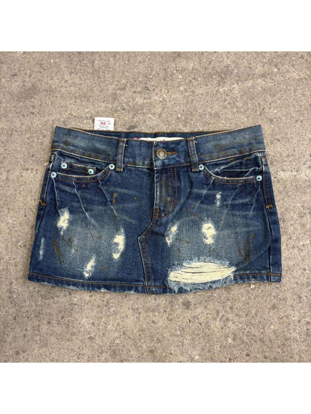 Vintage Y2K Denim Micro Mini Skirt Low Rise Paint Splatter Frayed
